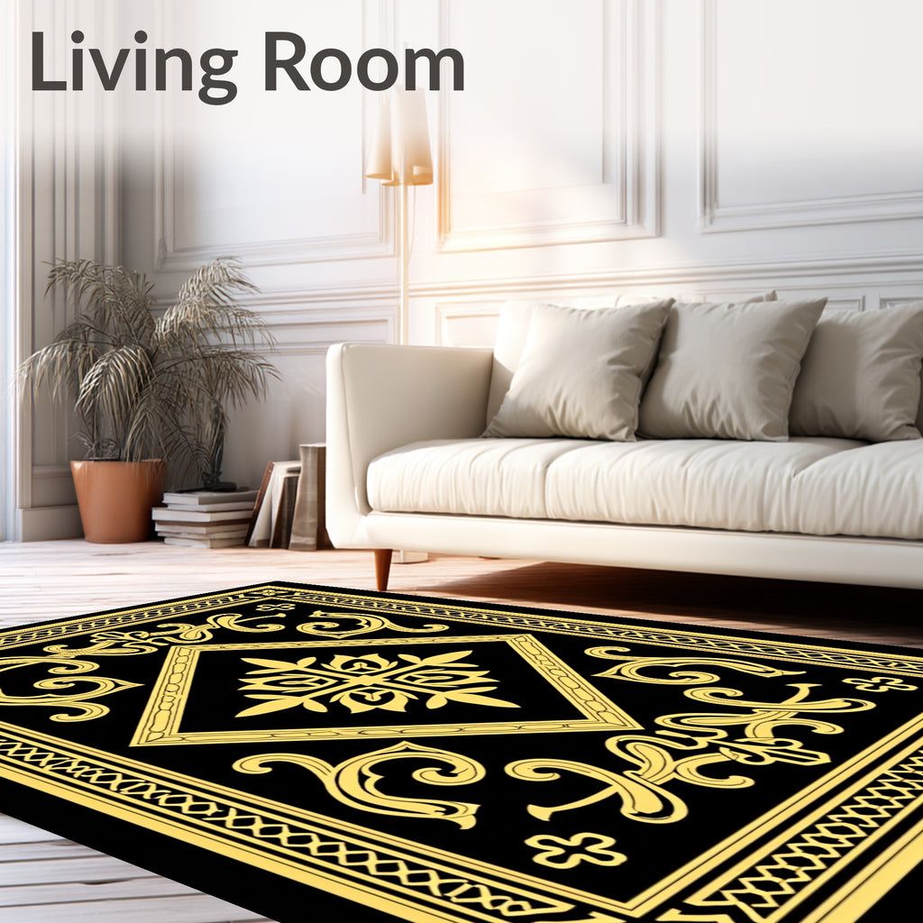 Black and Gold Ornate Scrollwork Diamond Rug