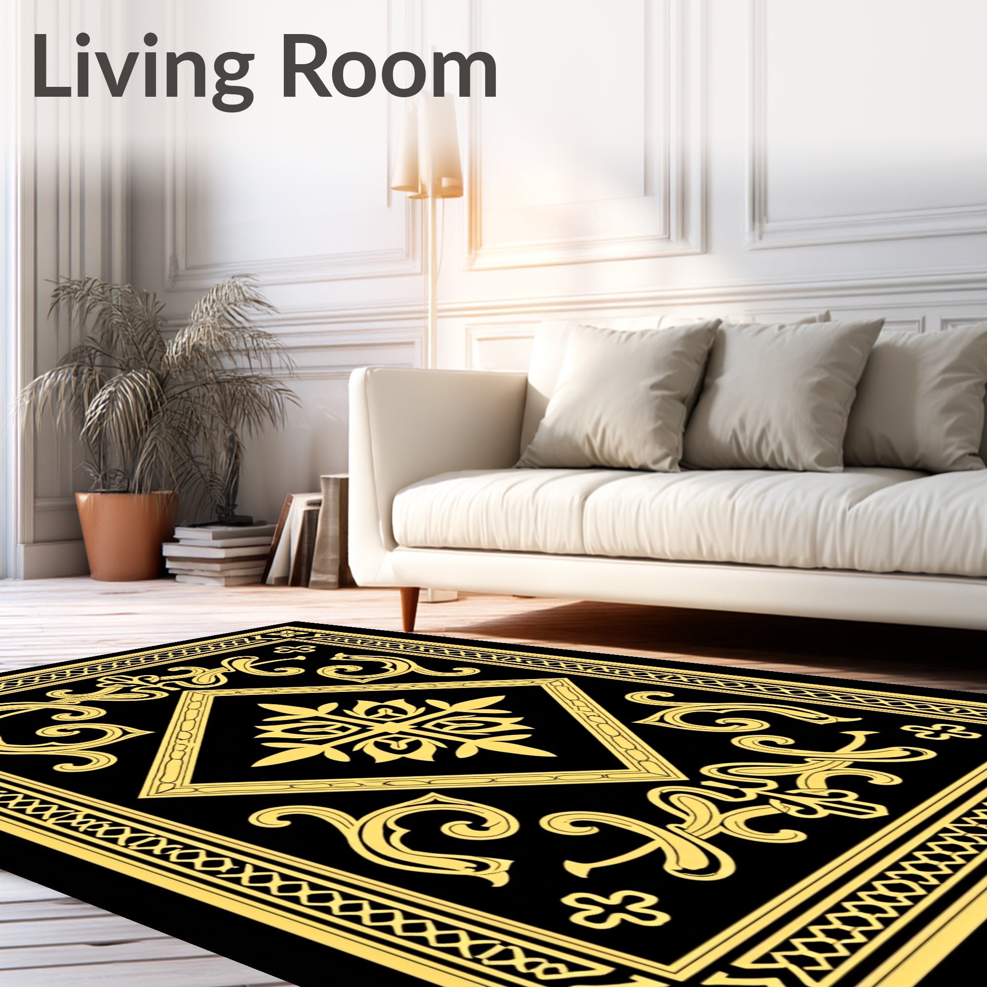 Black and Gold Ornate Scrollwork Diamond Rug