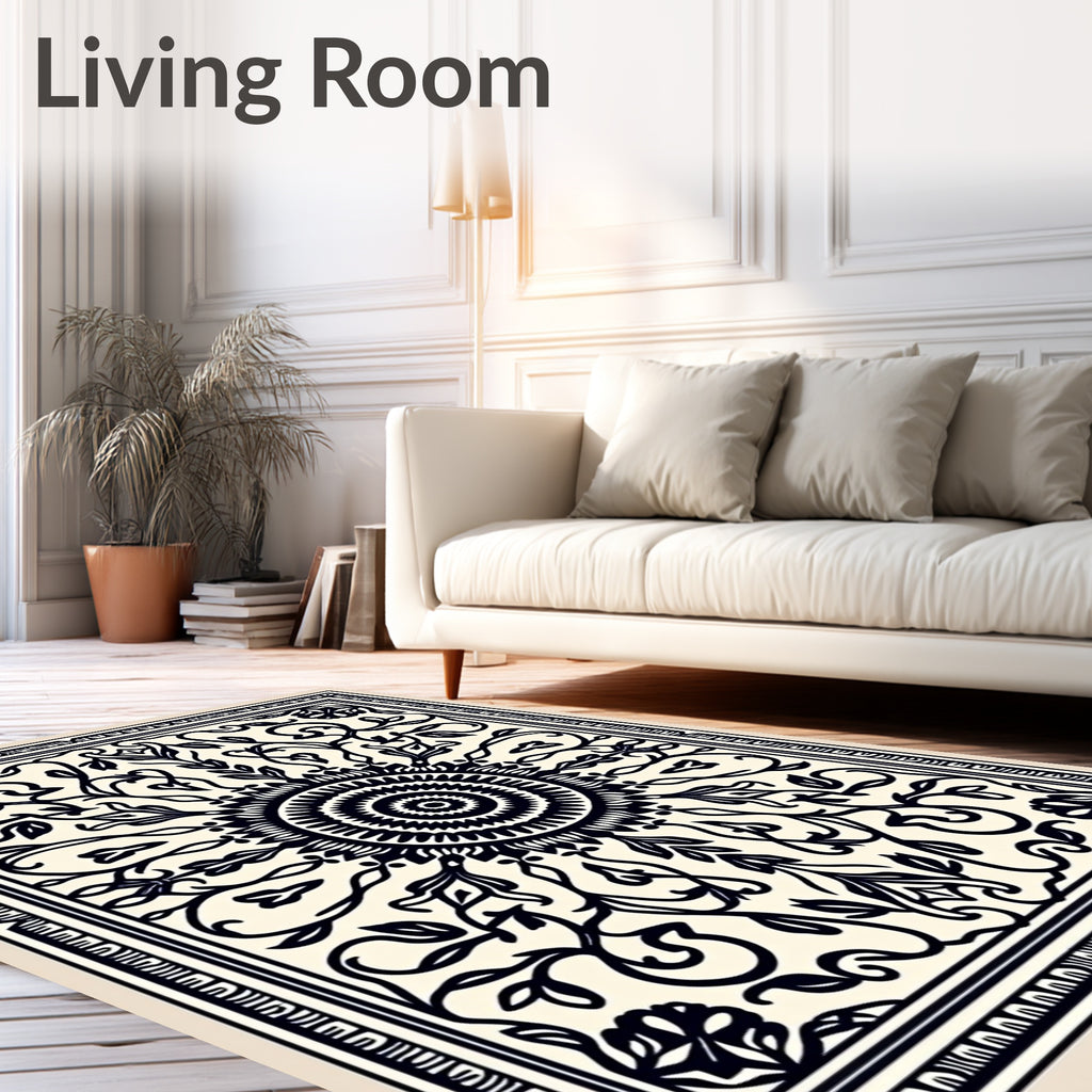 Black and Cream Floral Mandala Rug