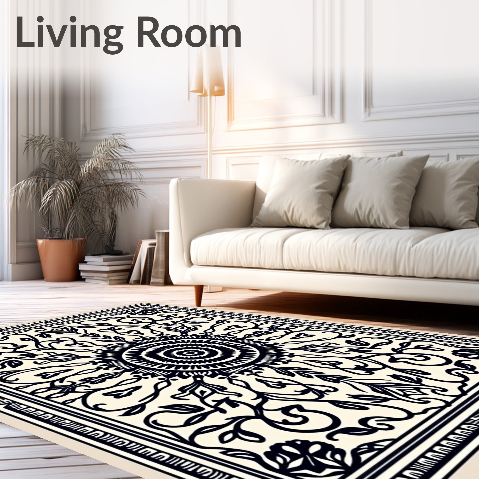 Black and Cream Floral Mandala Rug