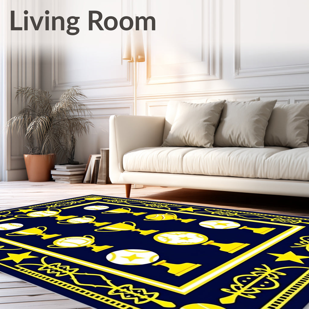 Golden Trophies Baseball Sports Navy Rug