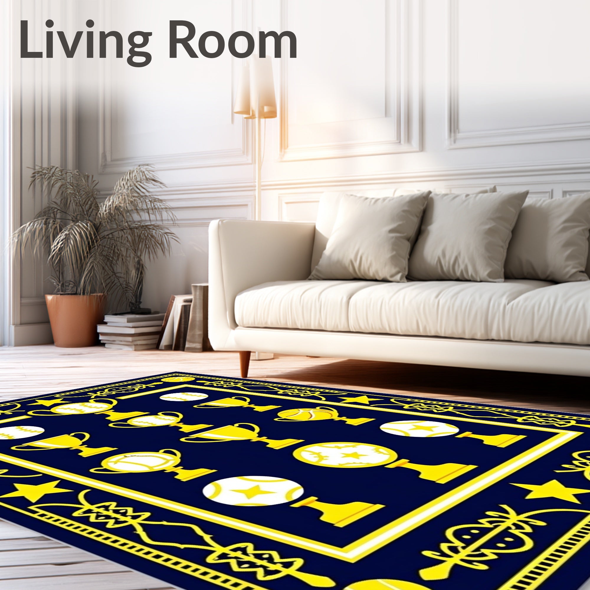 Golden Trophies Baseball Sports Navy Rug