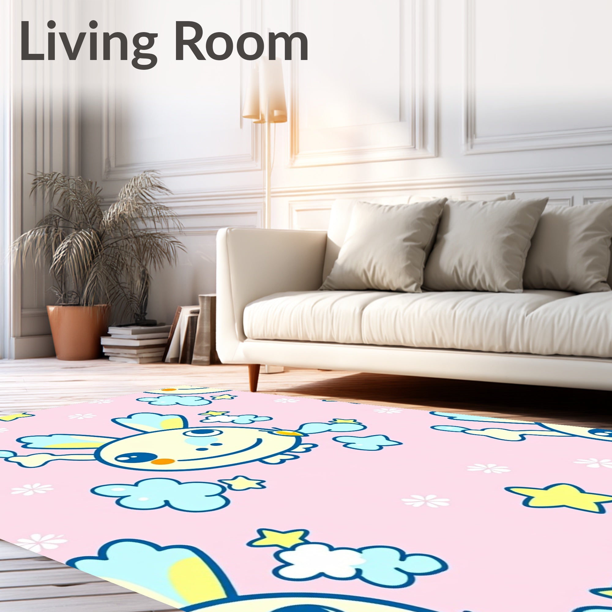 Kitsch Bunny Clouds Stars Pink Background Rug
