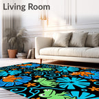 Whimsical Orange Green Frog Floral Swirls Rug