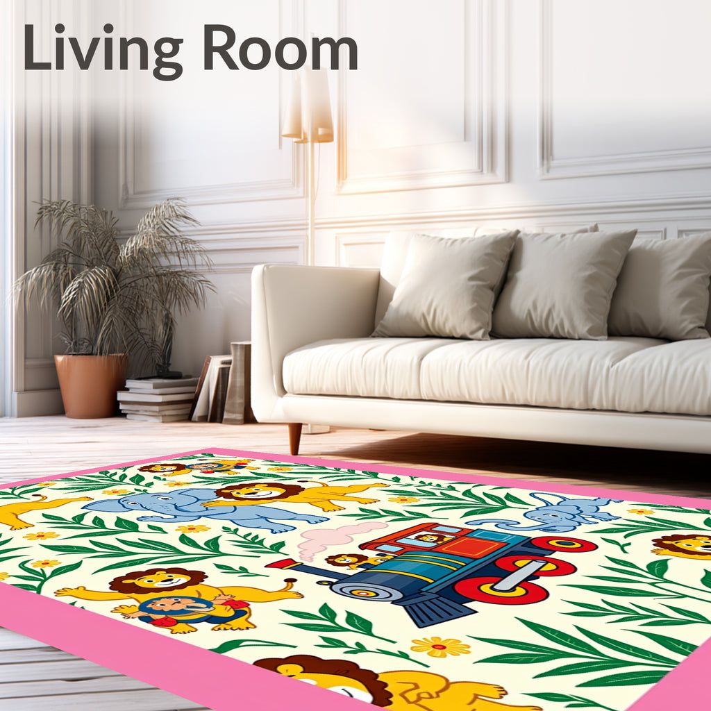 Playful Lions and Elephants Train Journey Rug