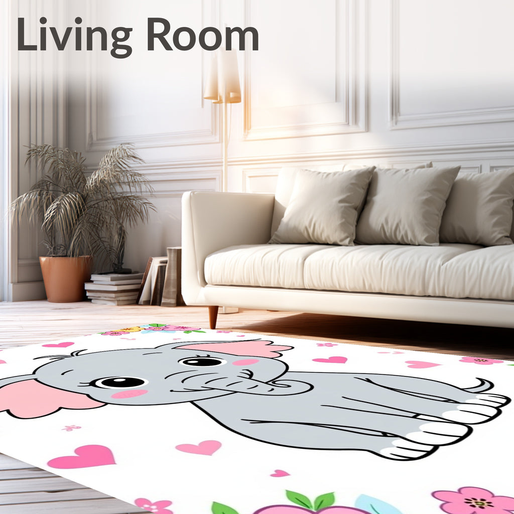 Cute Gray Baby Elephant Pink Hearts Flowers Rug