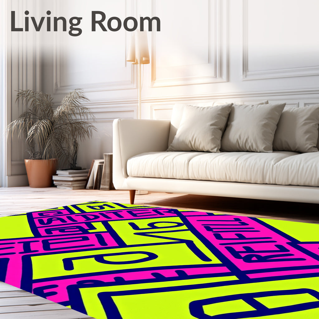 Bold Pink Yellow Typographic Maze Rug