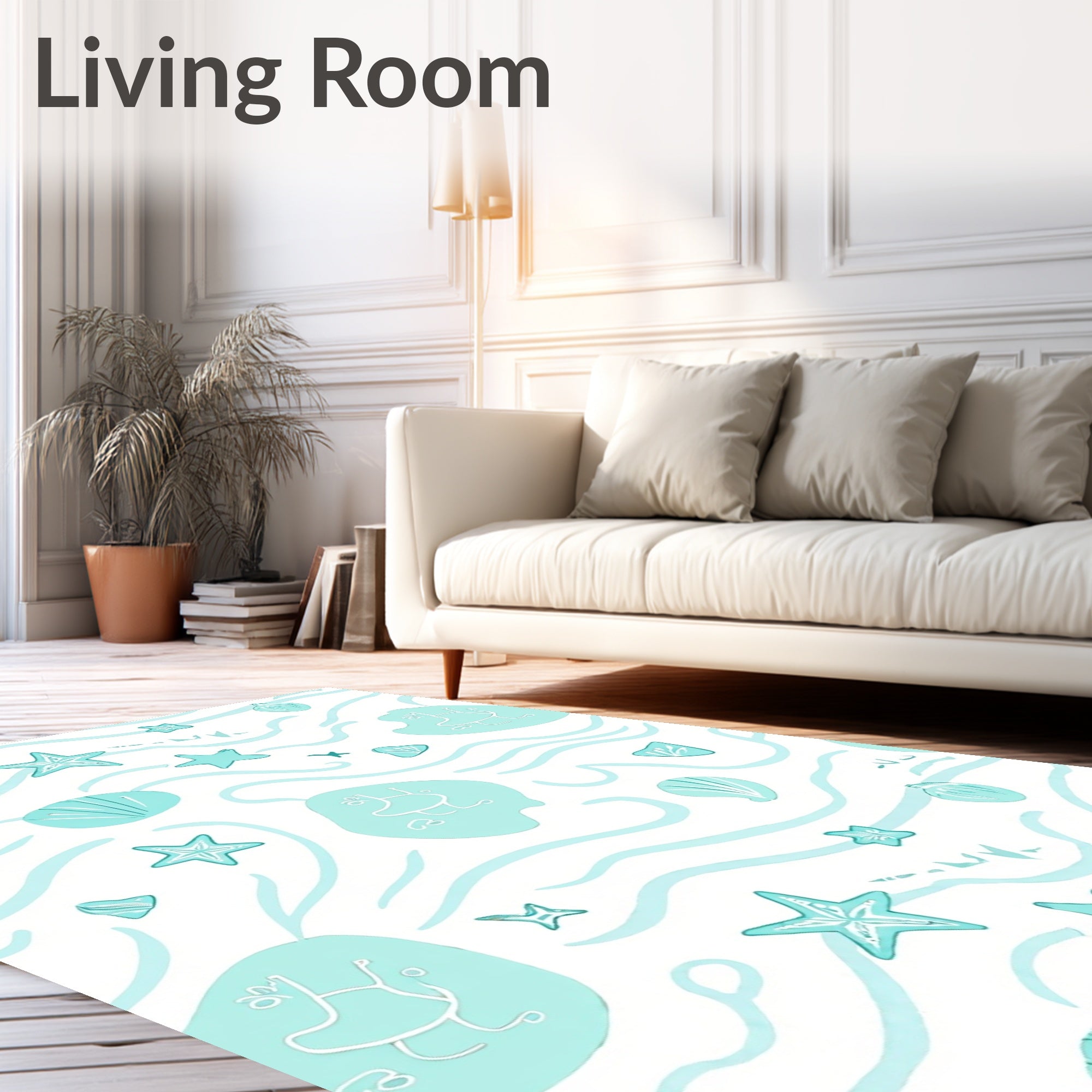 Aqua Coastal Seashell Starfish Waves Rug