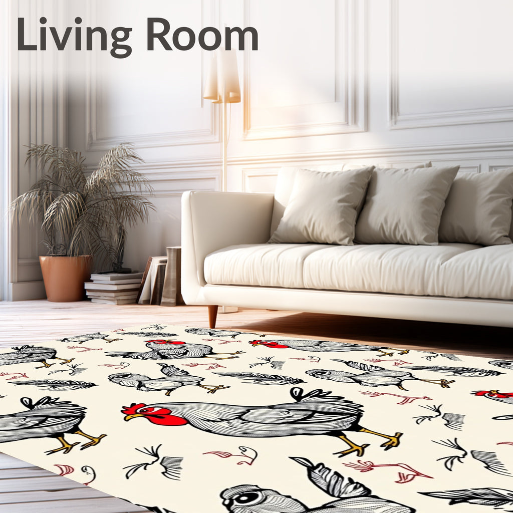 Farmhouse Rooster Chicken Sketch Rug