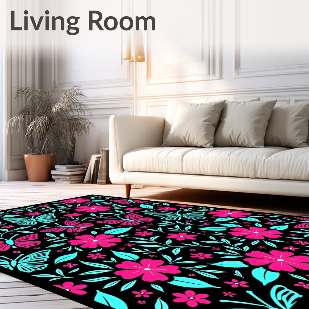 Pink Floral Teal Butterfly Garden Rug