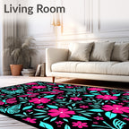 Pink Floral Teal Butterfly Garden Rug