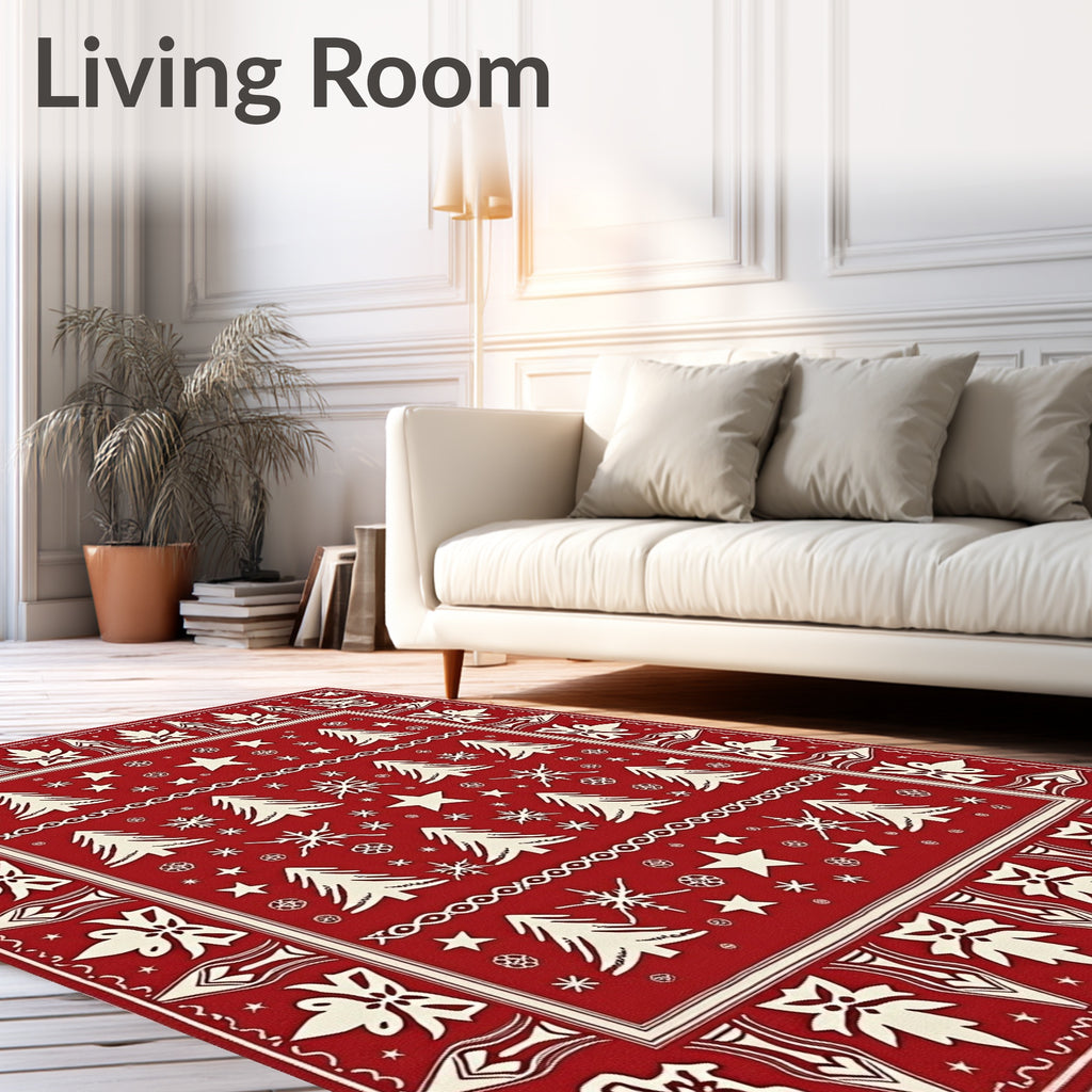 Crimson Festive Christmas Tree Snowflakes Rug
