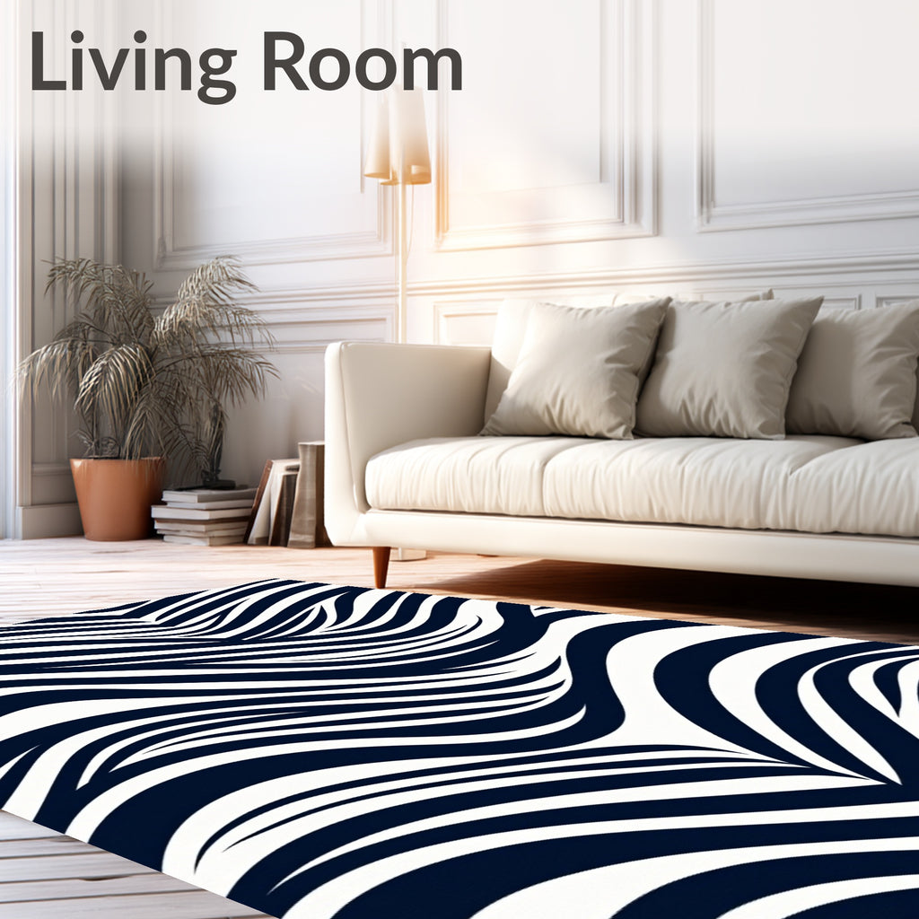 Navy White Wavy Stripe Abstract Rug