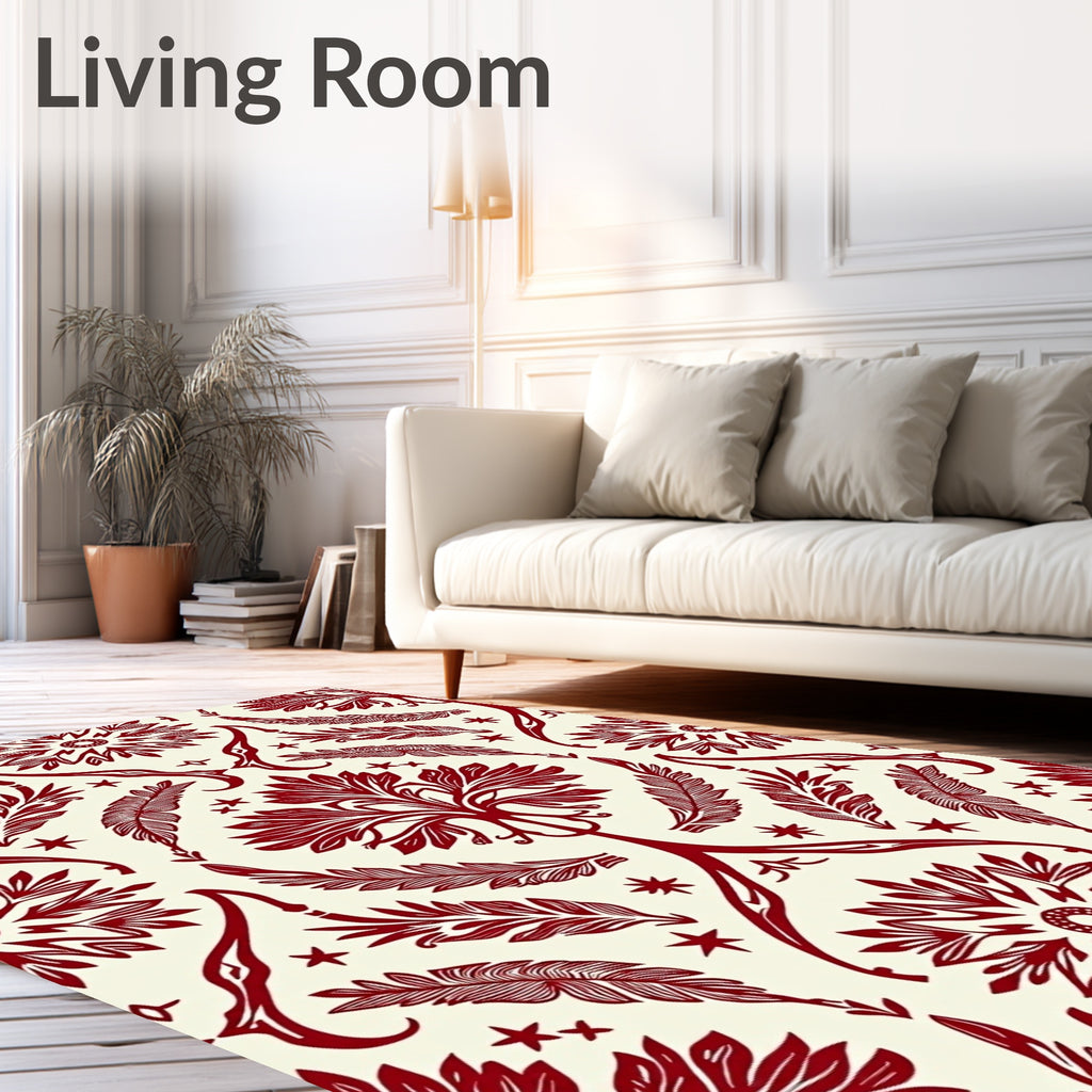 Crimson Floral Feather Mandala Rug