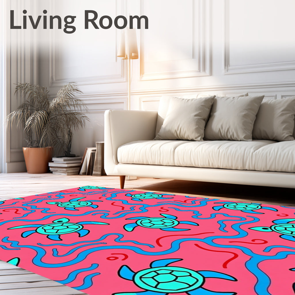 Whimsical Pink Blue Turtle Waves Rug