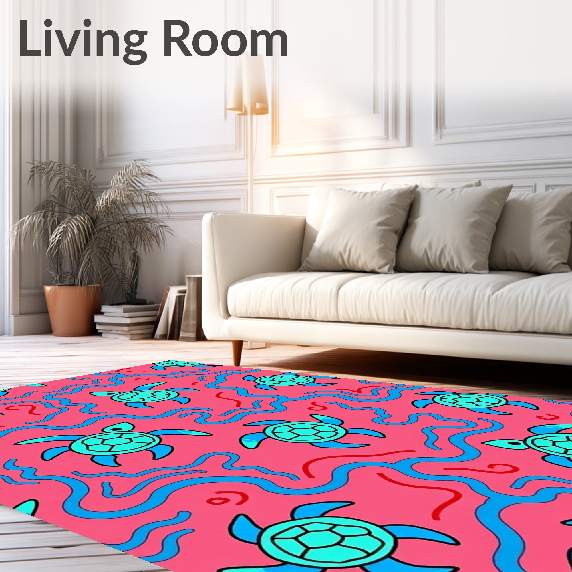 Whimsical Pink Blue Turtle Waves Rug