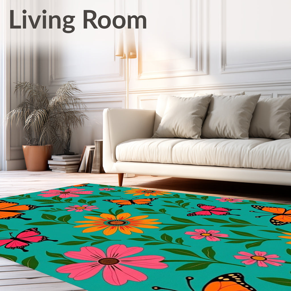 Vibrant Orange Pink Butterfly Floral Rug