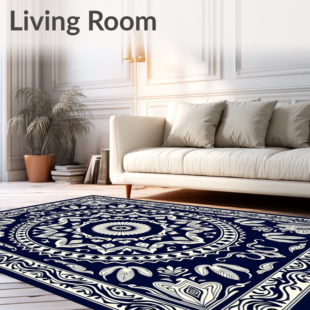 Deep Blue Ivory Circular Border Rug