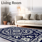 Deep Blue Ivory Circular Border Rug