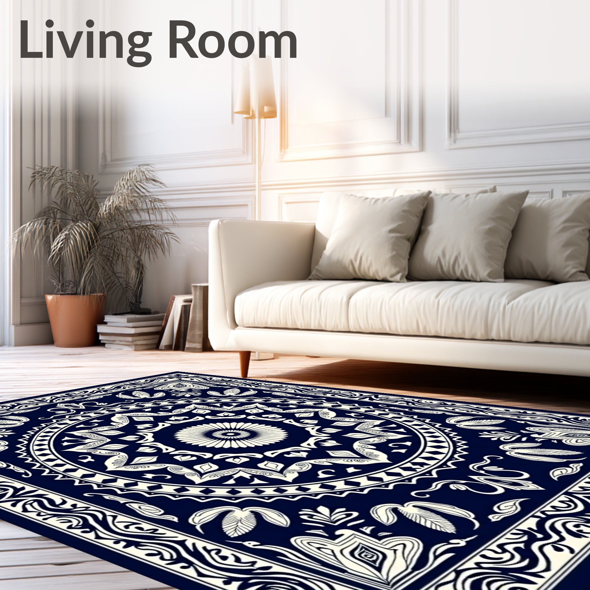 Deep Blue Ivory Circular Border Rug