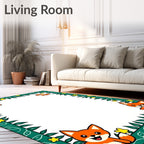 Happy Orange Foxes Green Foliage Border Rug