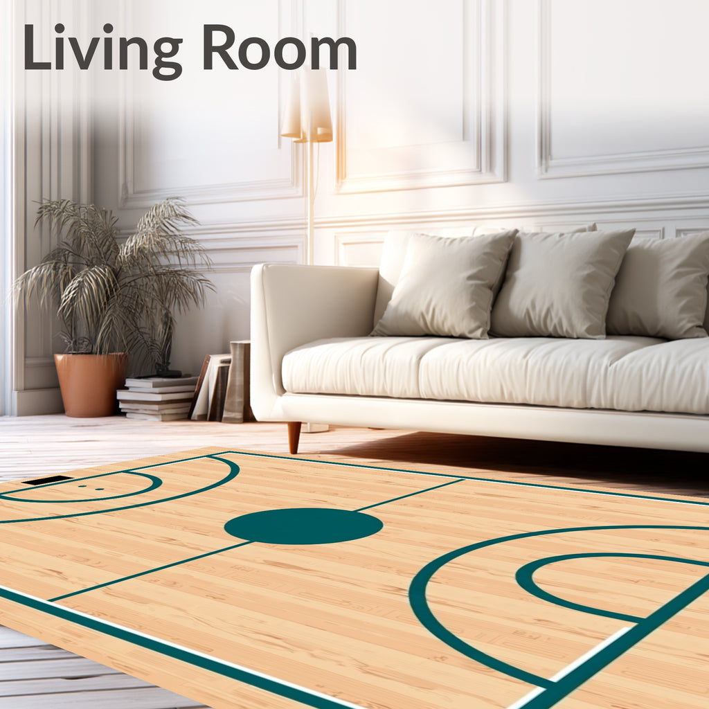 Basketball Court Wood Grain Teal Lines Rug