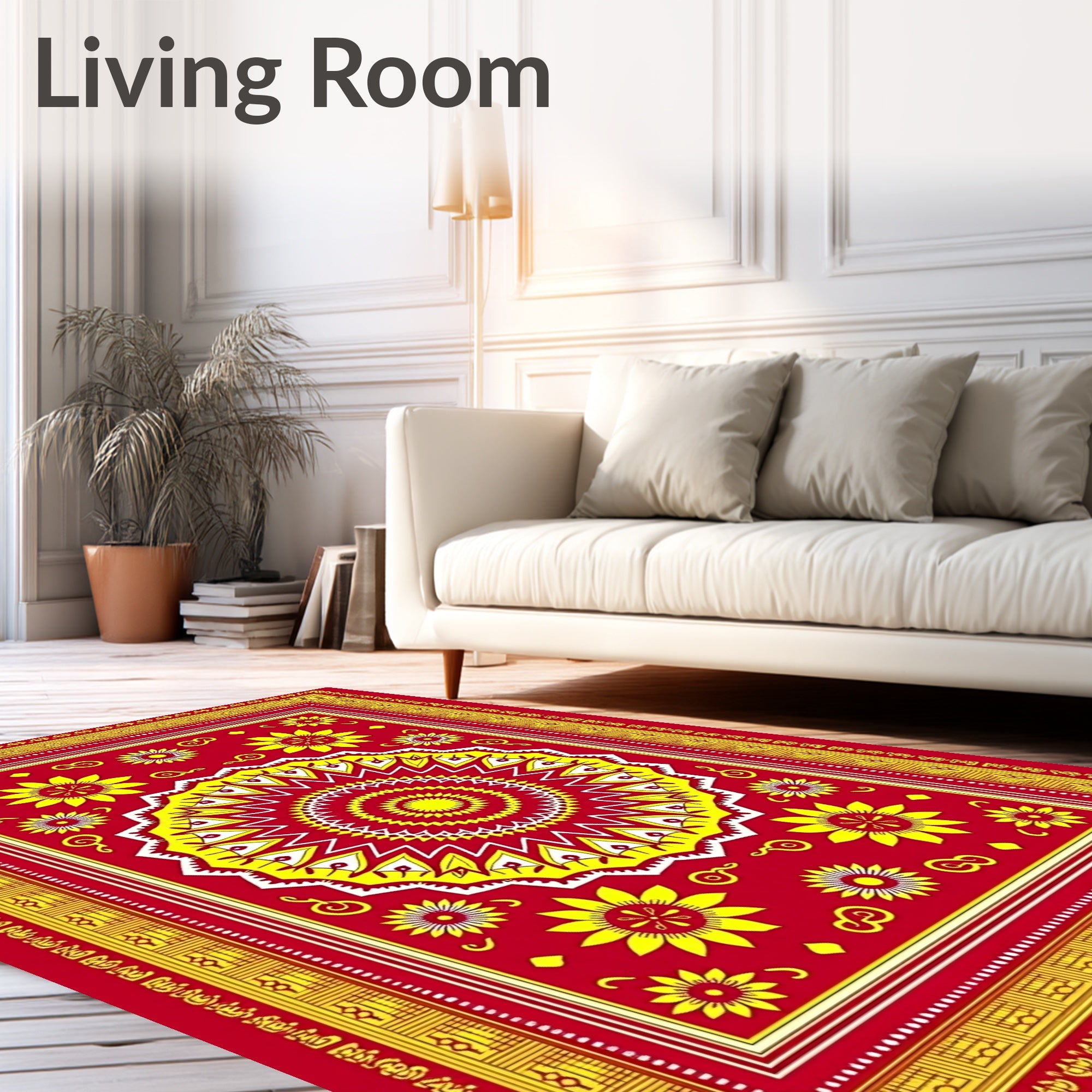 Red Yellow Sunburst Medallion Floral Rug