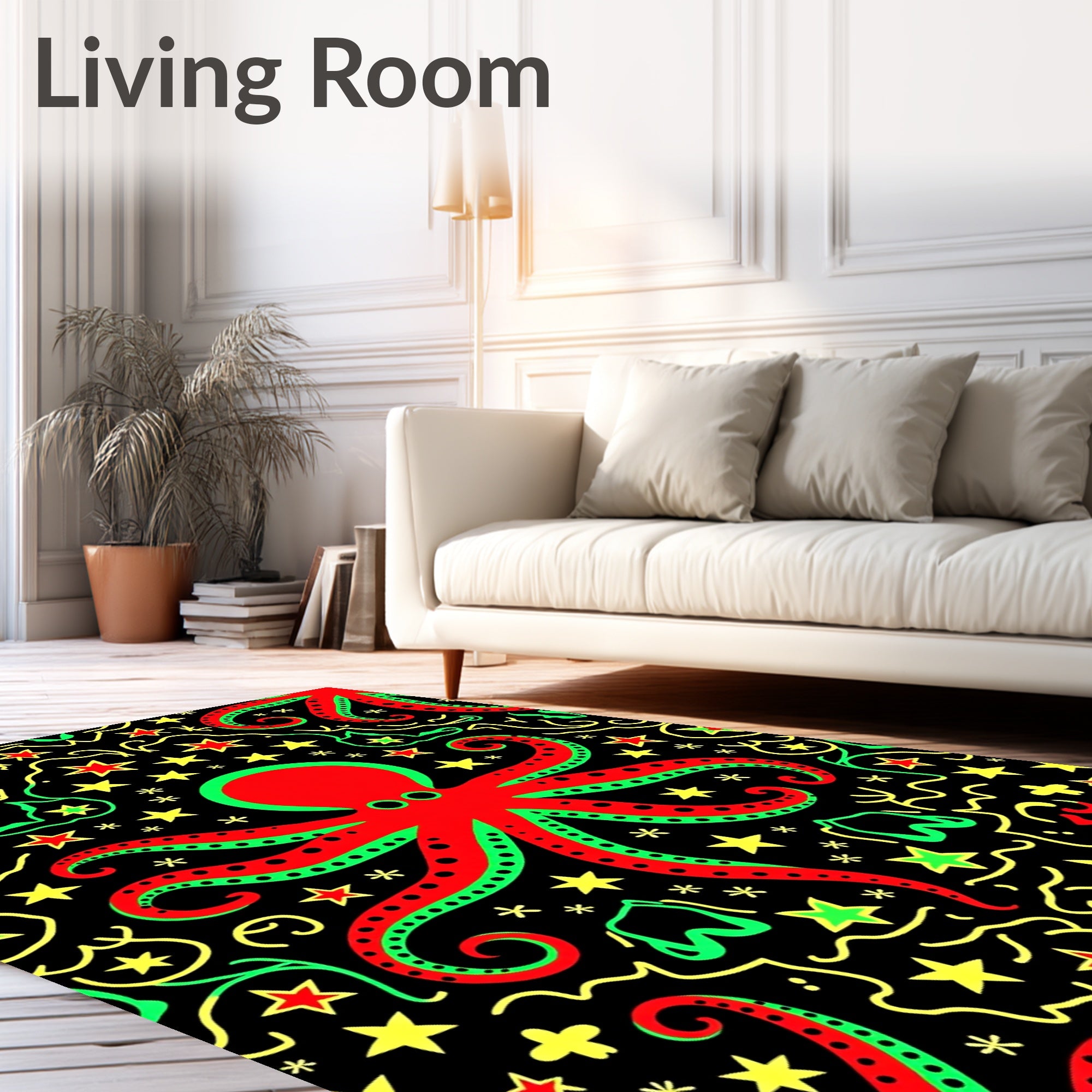 Red Green Octopus Star Field Rug