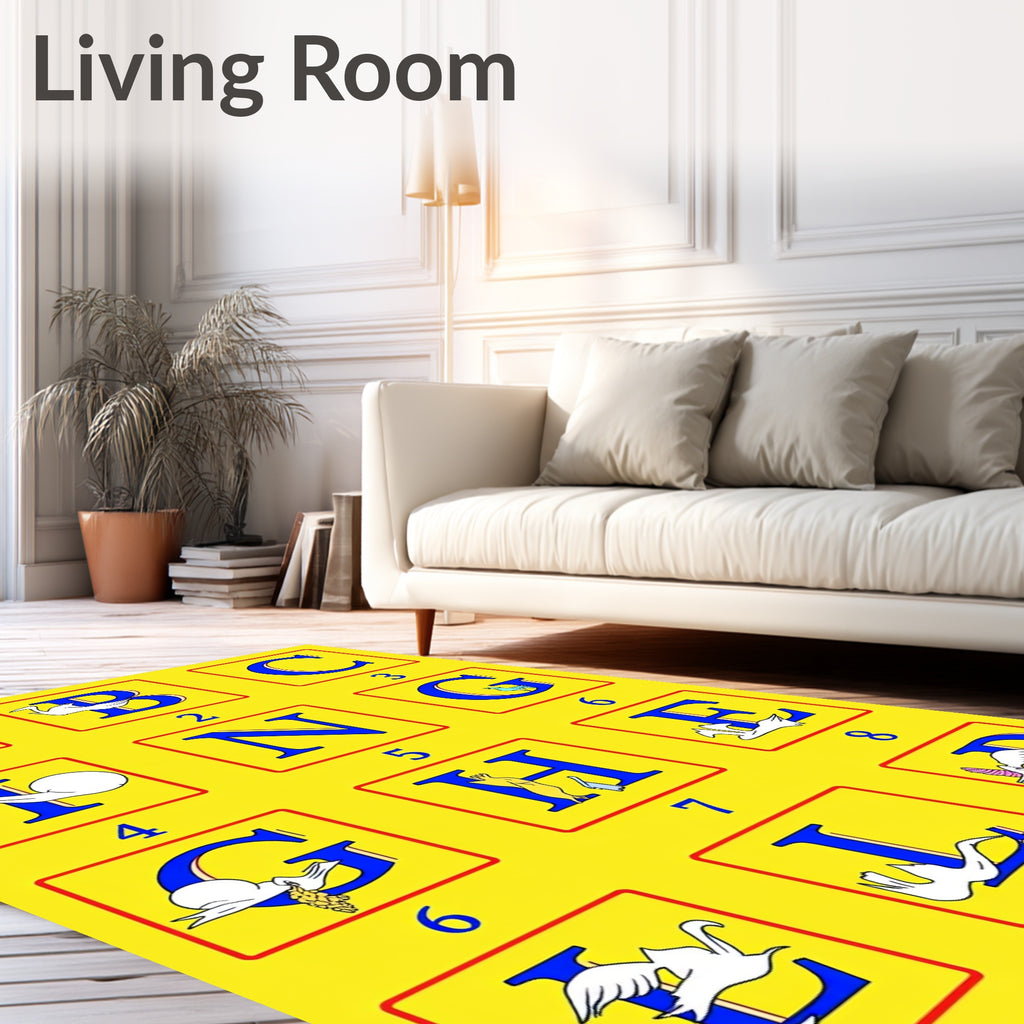 Blue Alphabet Birds Yellow Rug
