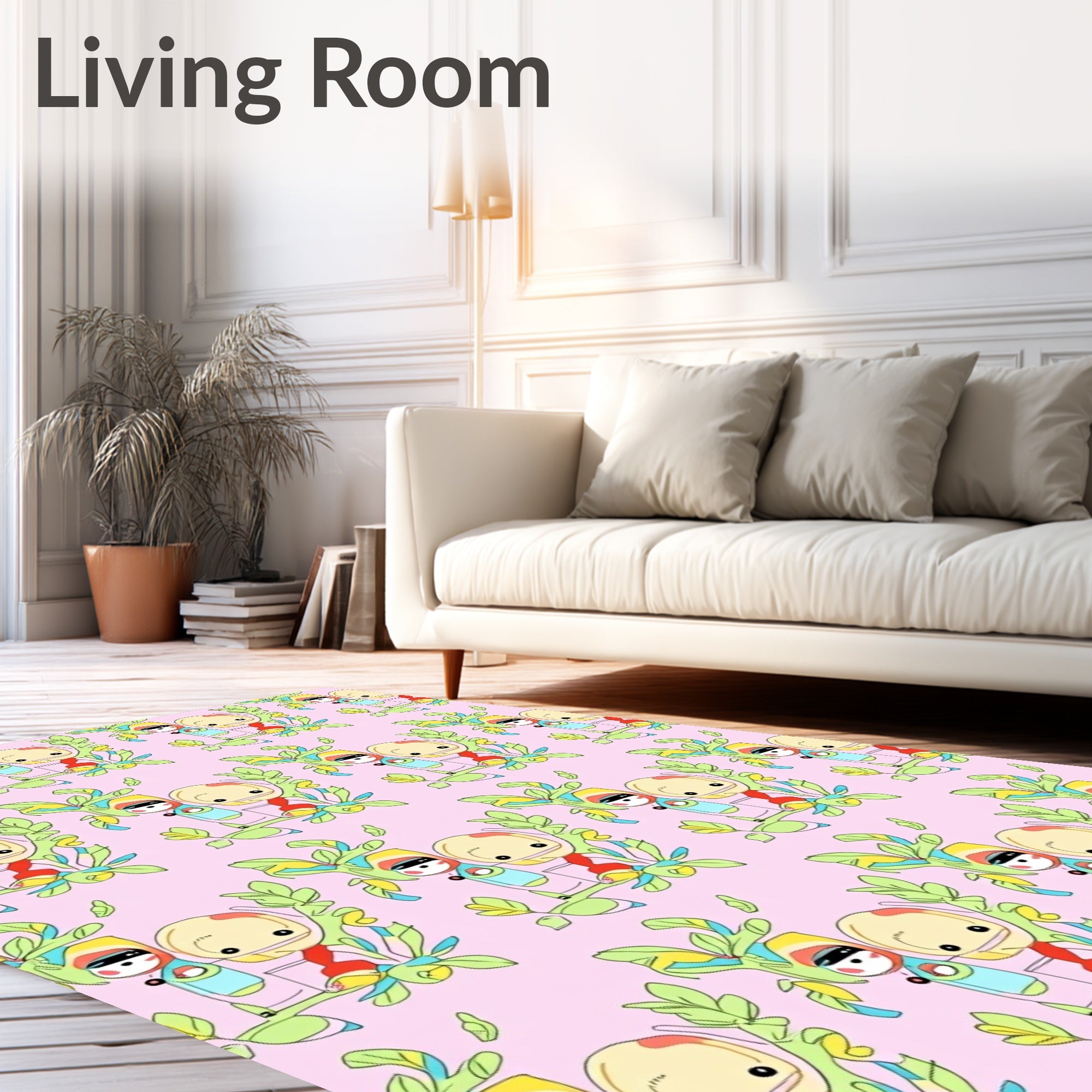 Whimsical Pink Cartoon Characters Foliage Rug