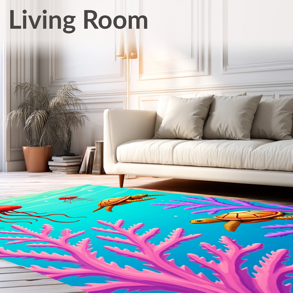 Ocean Coral Jellyfish Turtle Scene Rug