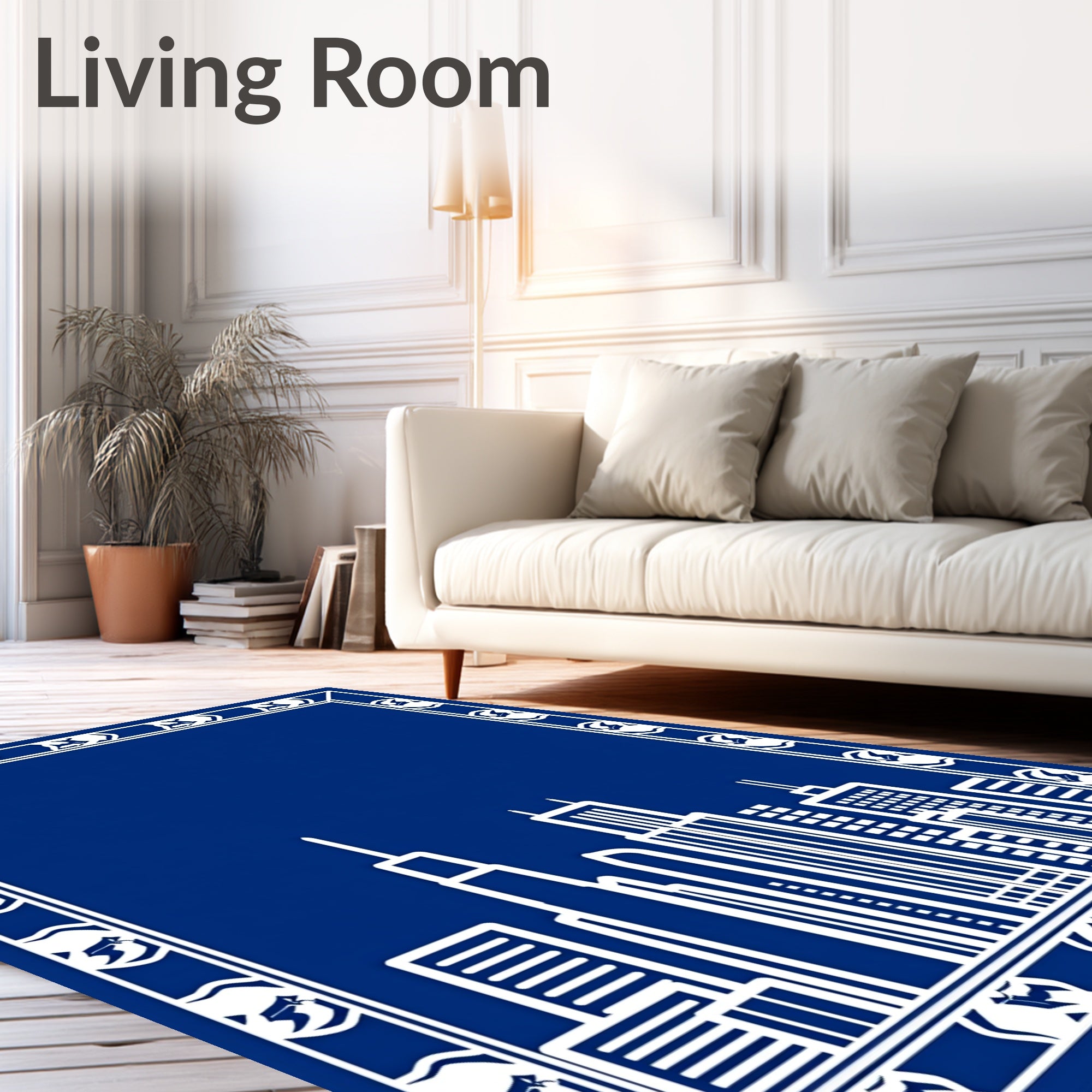 Blue White Skyline Border Rug