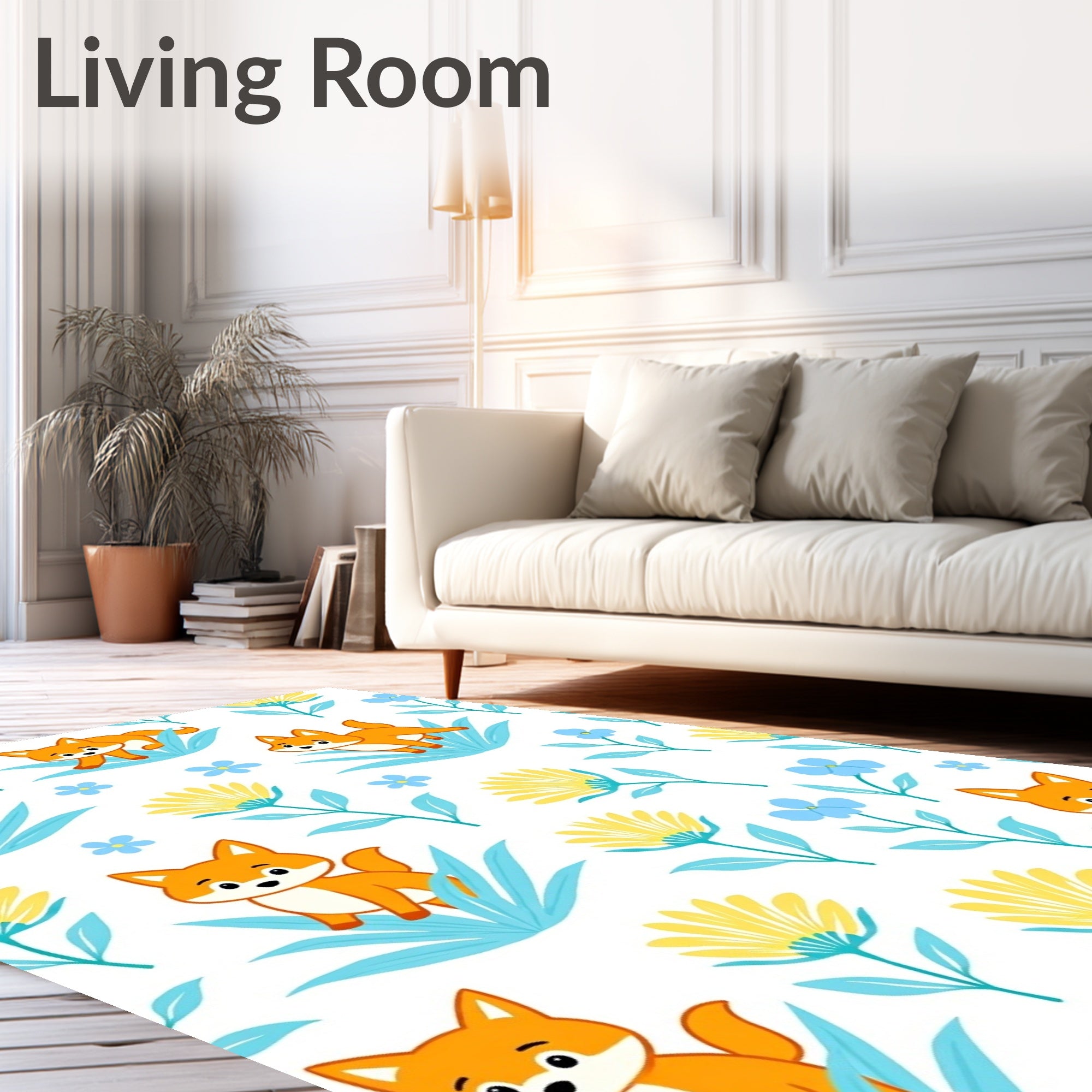 Whimsical Orange Fox Floral Meadow Rug