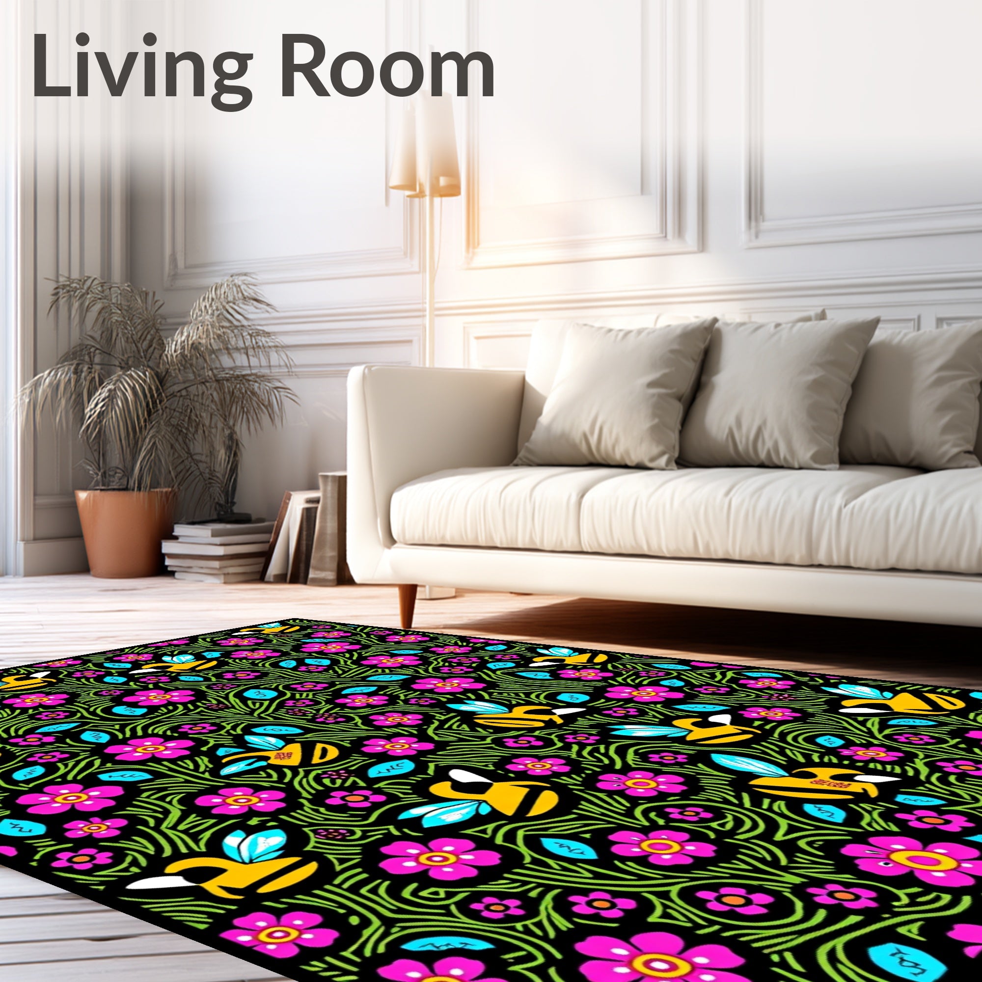 Playful Yellow Bee Pink Flower Garden Rug