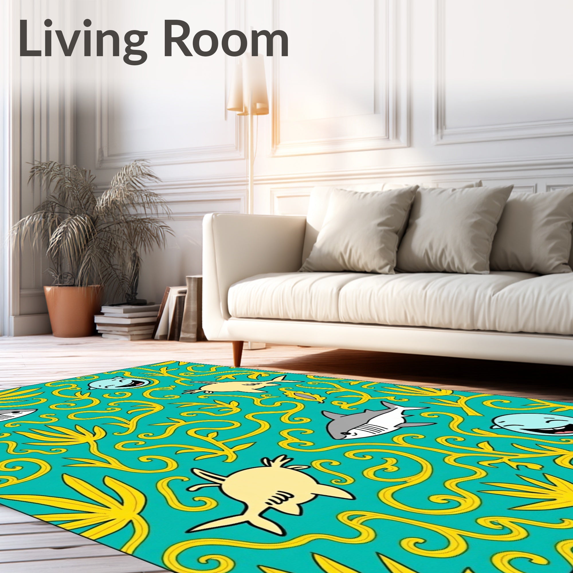 Whimsical Teal Shark Swirls Rug