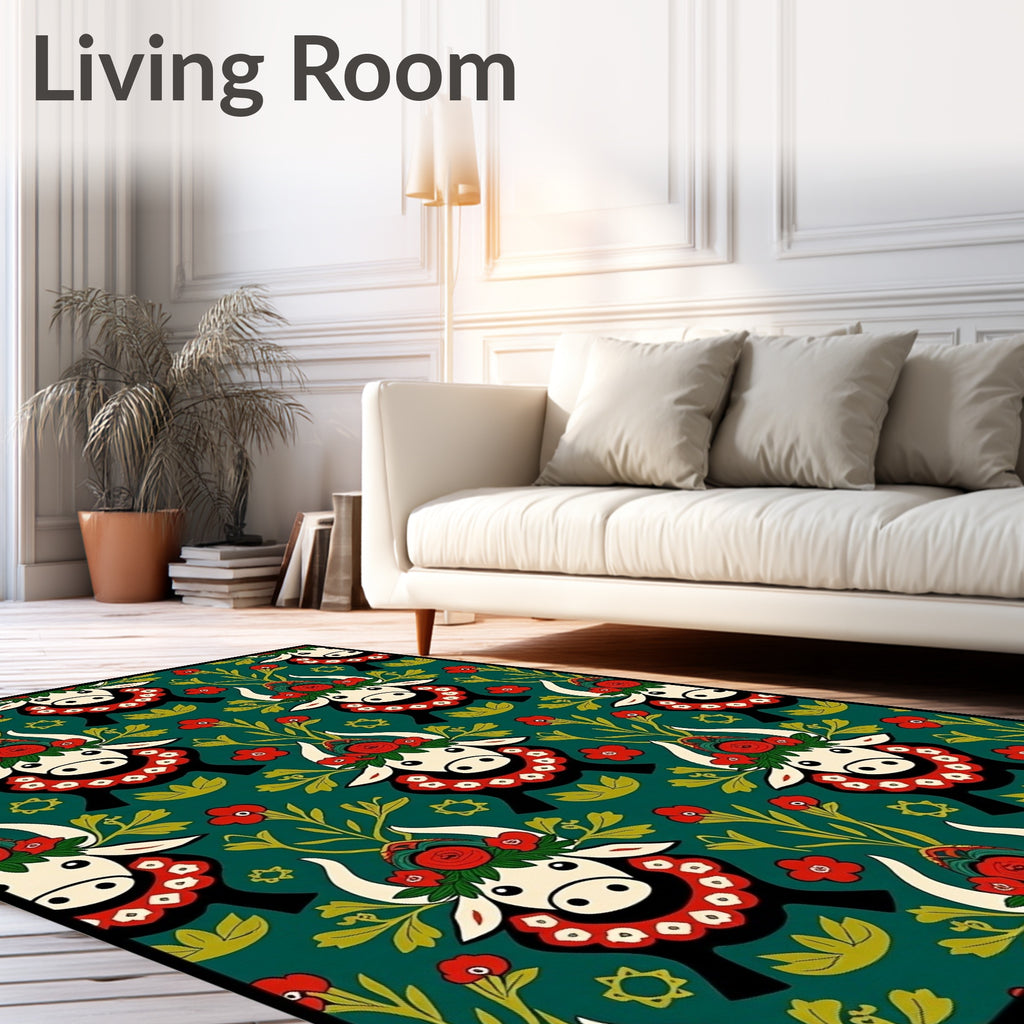 Folk Art Cow Floral Green Cream Rug