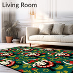 Folk Art Cow Floral Green Cream Rug