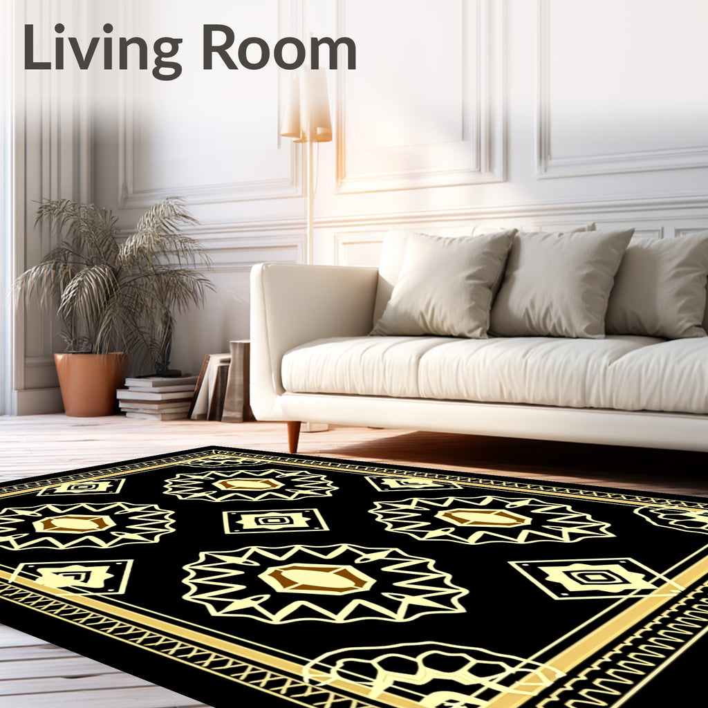 Geometric Sunburst medallion Black gold Rug