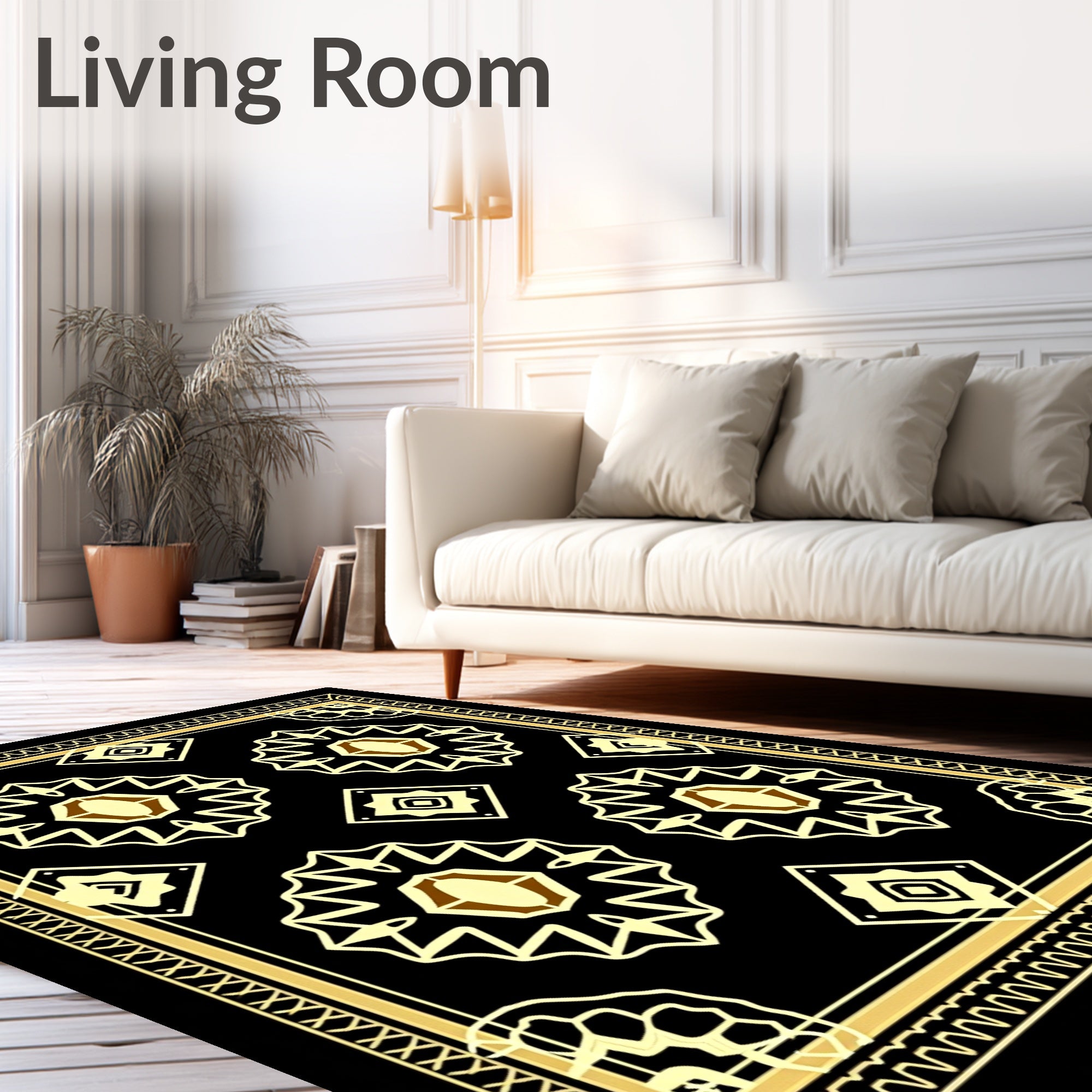 Geometric Sunburst medallion Black gold Rug
