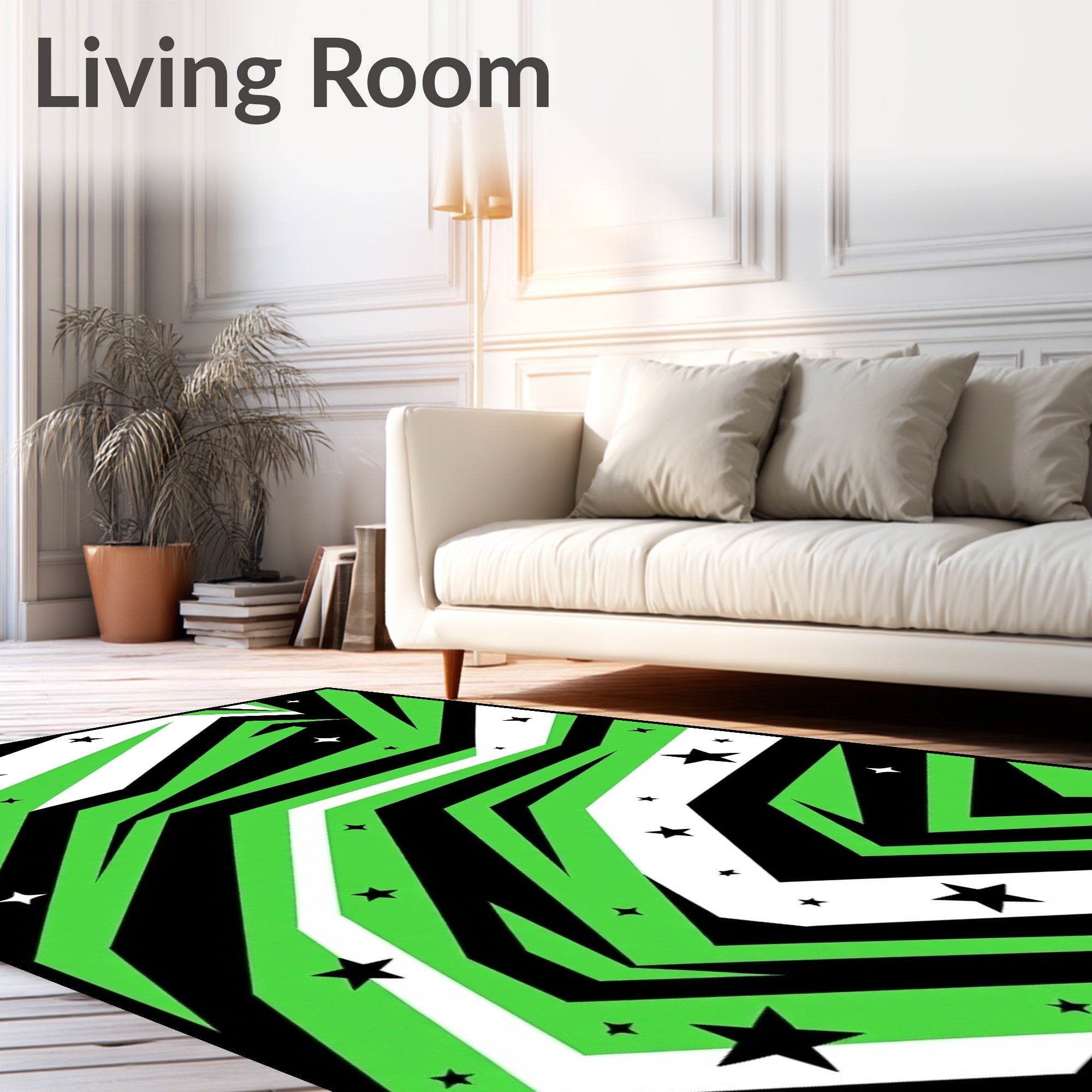 Lime Green Black White Starburst Rug