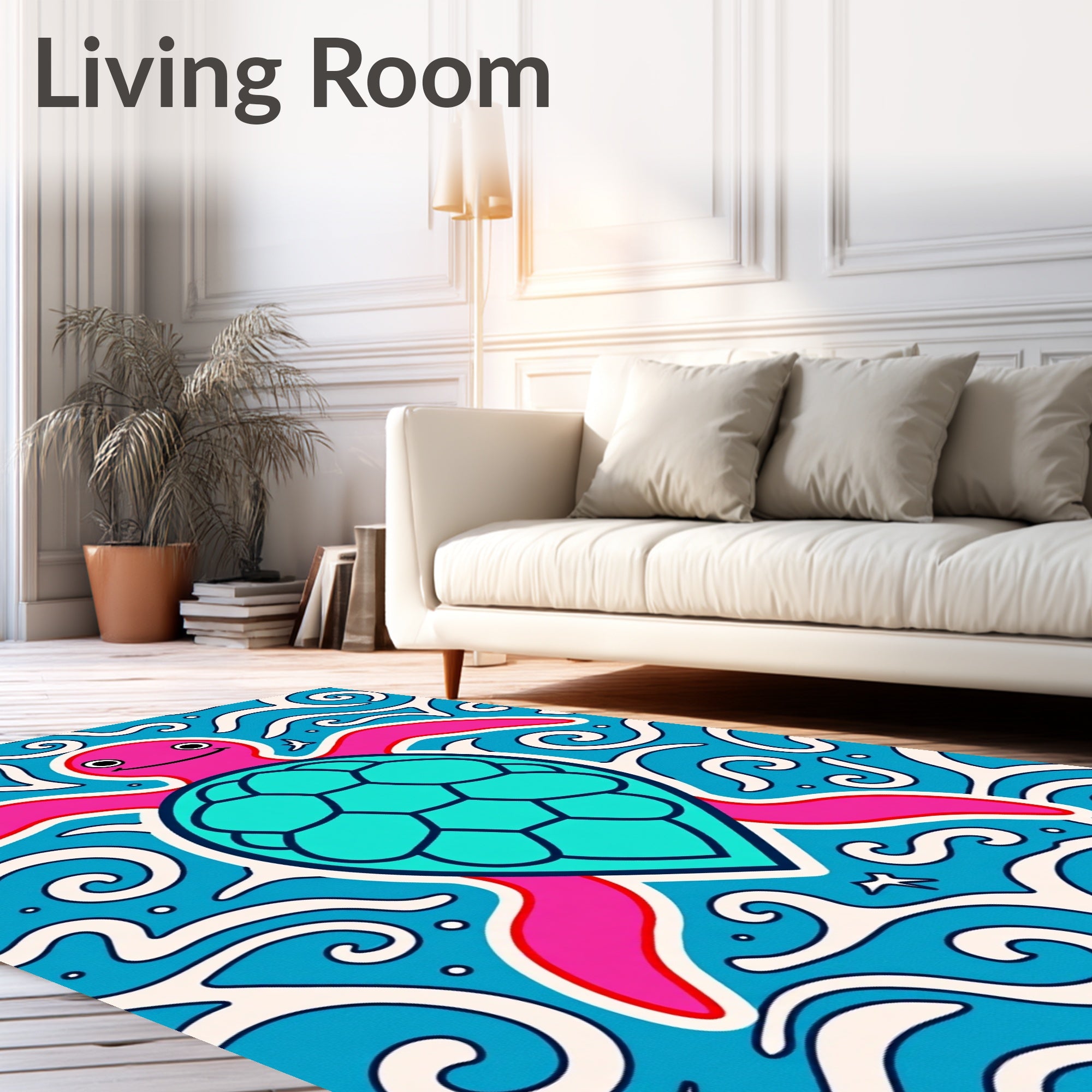 Pink Turtle Turquoise Ocean Waves Rug