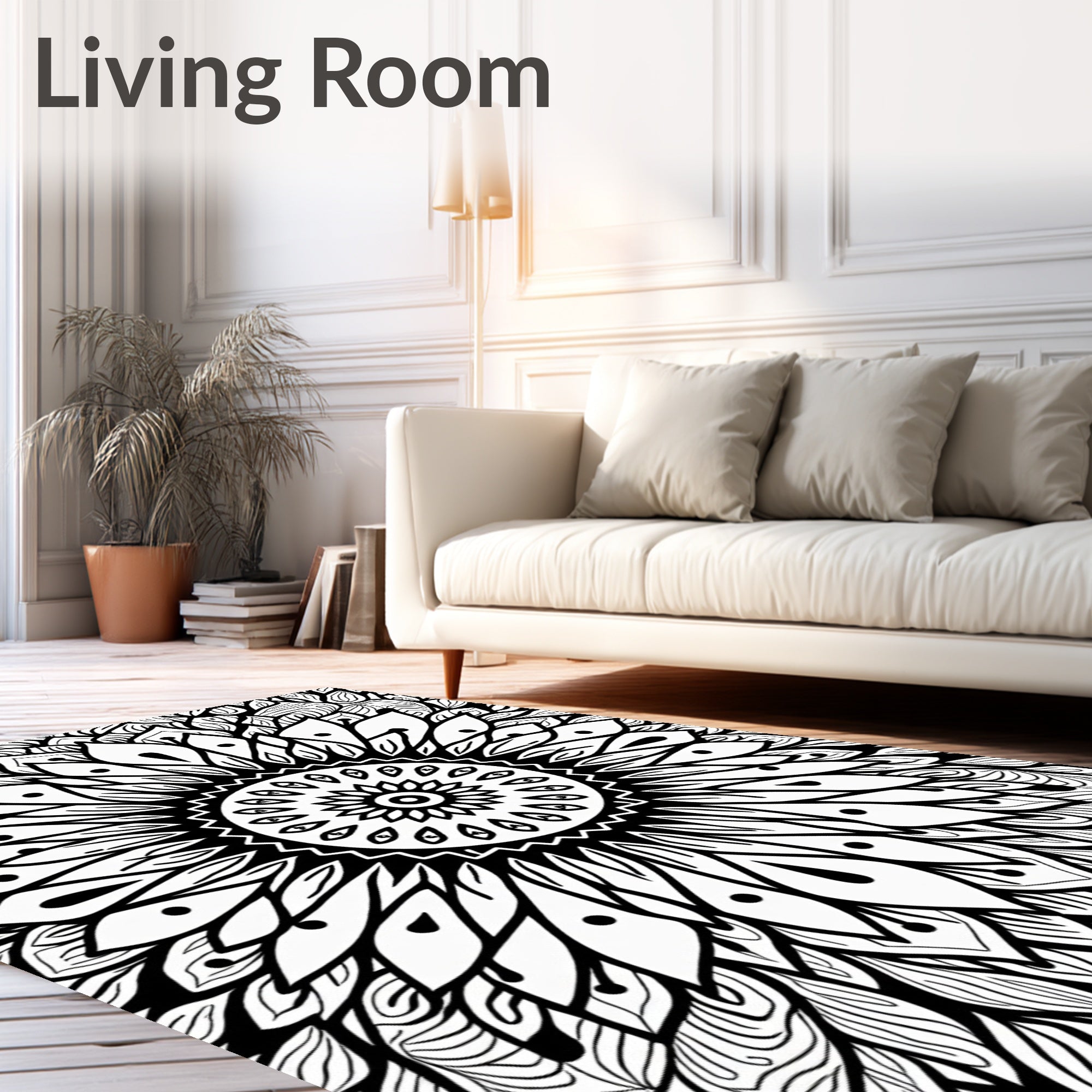 Black White Radial Sunburst Mandala Rug
