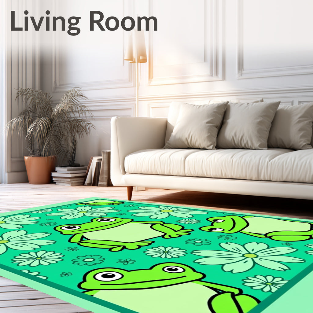 Whimsical Green Frogs Flower Meadow Rug