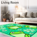 Whimsical Green Frogs Flower Meadow Rug