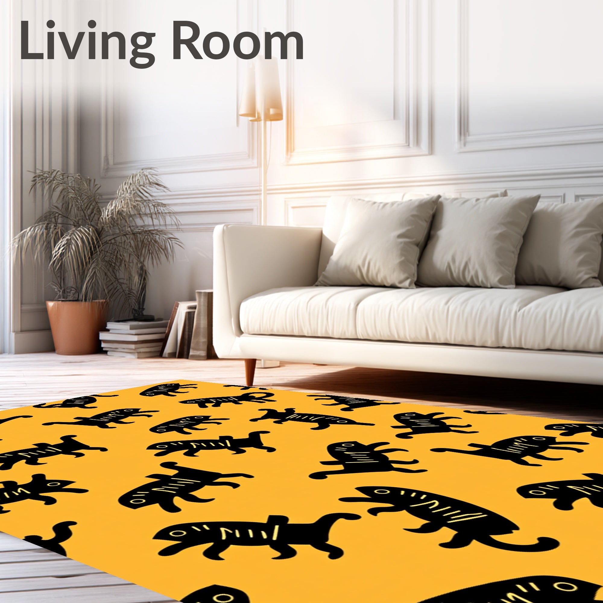 Whimsical Black Creatures Orange Background Rug