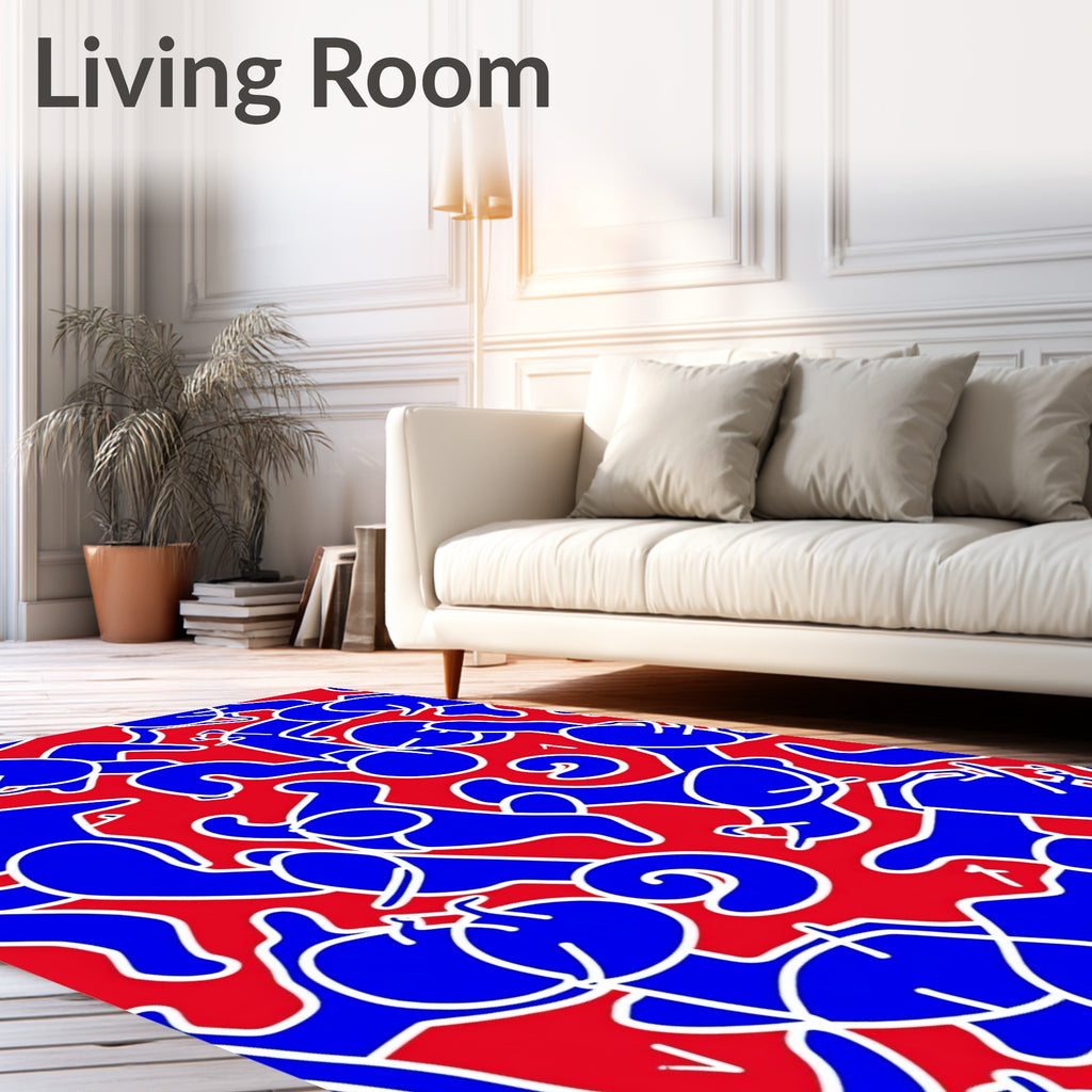 Bold Blue Abstract Figures Red Background Rug