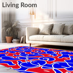 Bold Blue Abstract Figures Red Background Rug