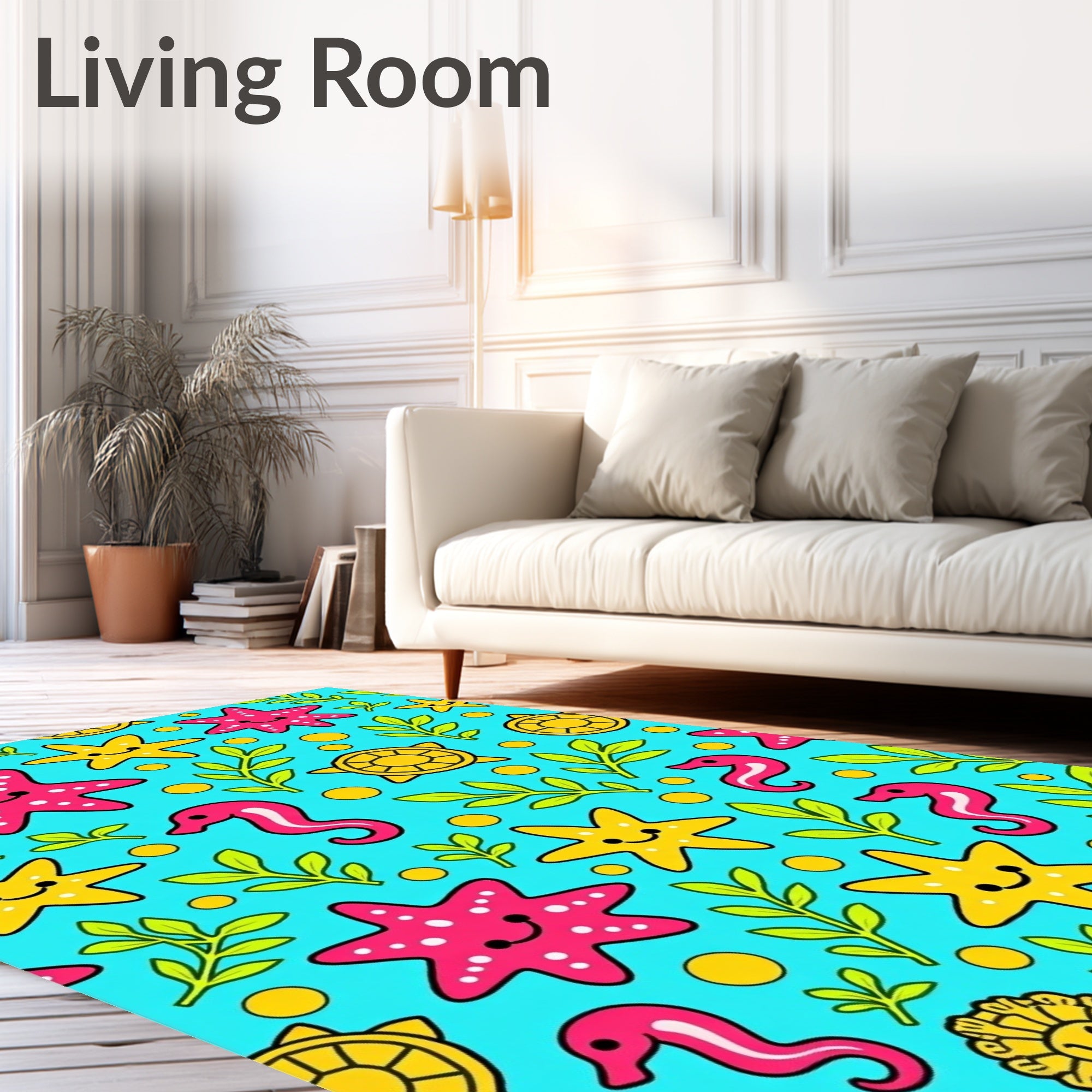 Cute Sea Creatures Under Blue Ocean Rug