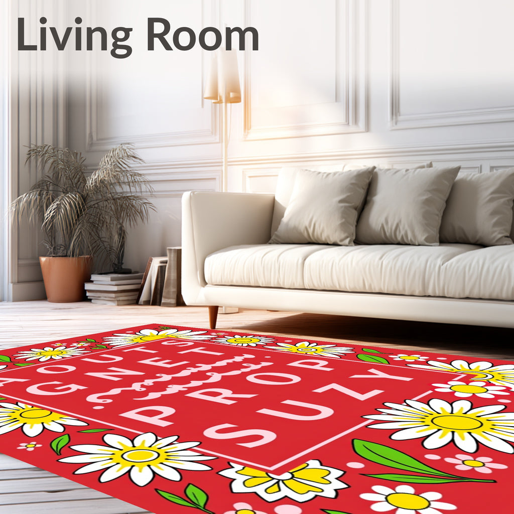 Red Daisy Garden Letter Grid Rug