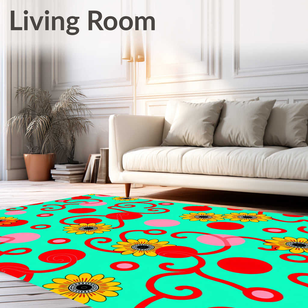 Yellow Sunflowers Red Swirls Aqua Circles Rug